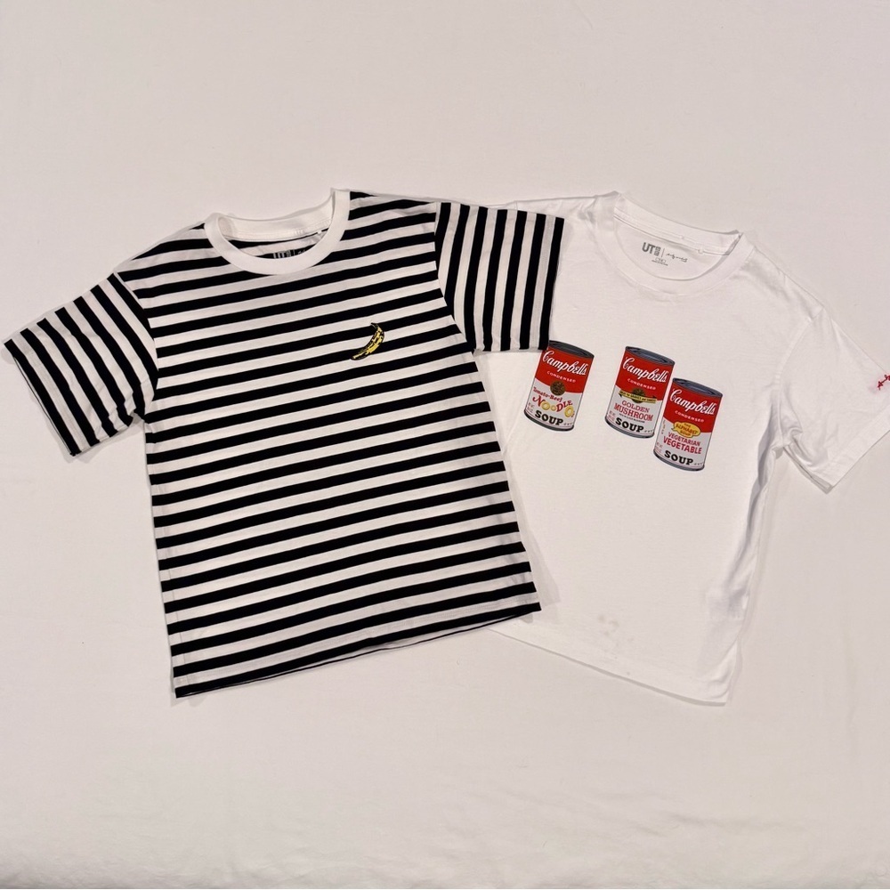 Uniqlo Andy Warhol T-Shirt Set Boys 7-8 Striped Banana Tomato Soup Cans Pop Art